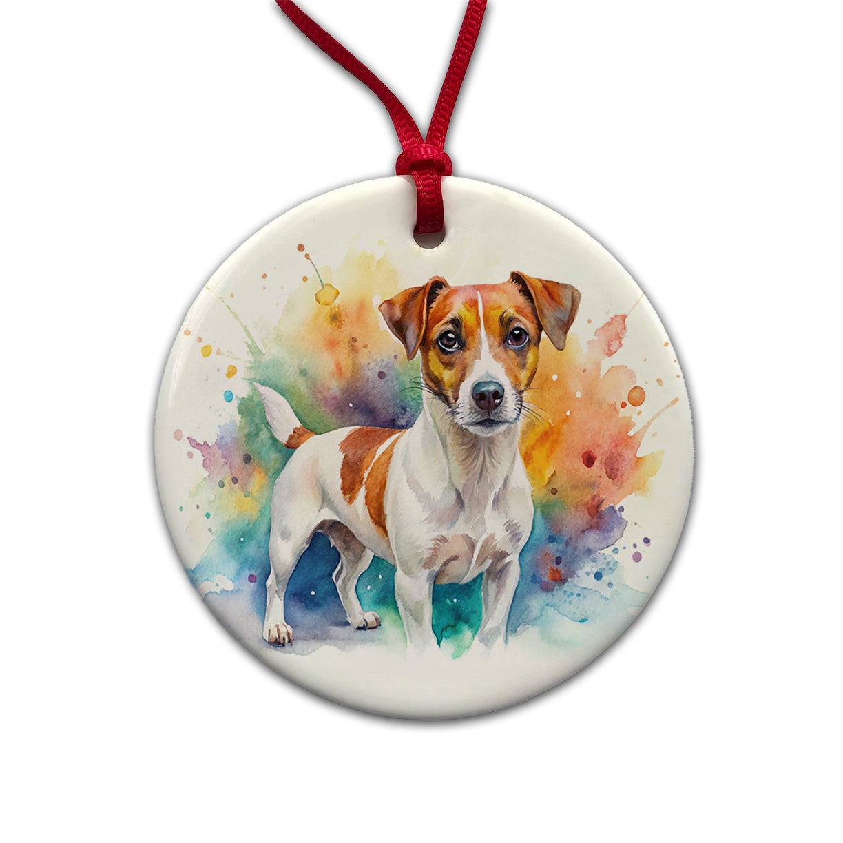 Jack Russell Terrier Dog Watercolor Style Round Ceramic Holiday Christmas Tree Ornament