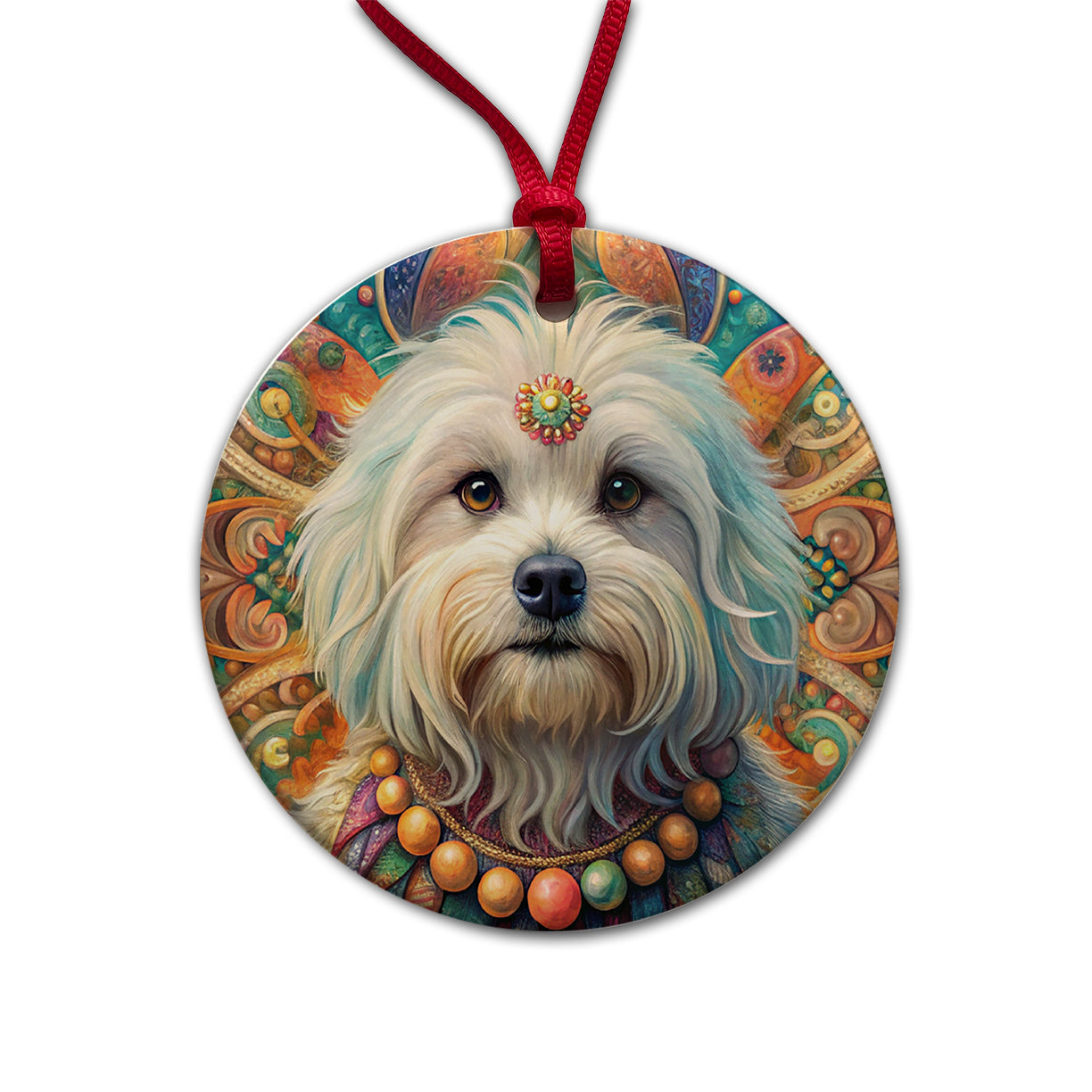 Maltese Dog Bohemian Art Round Ceramic Holiday Christmas Tree Ornament