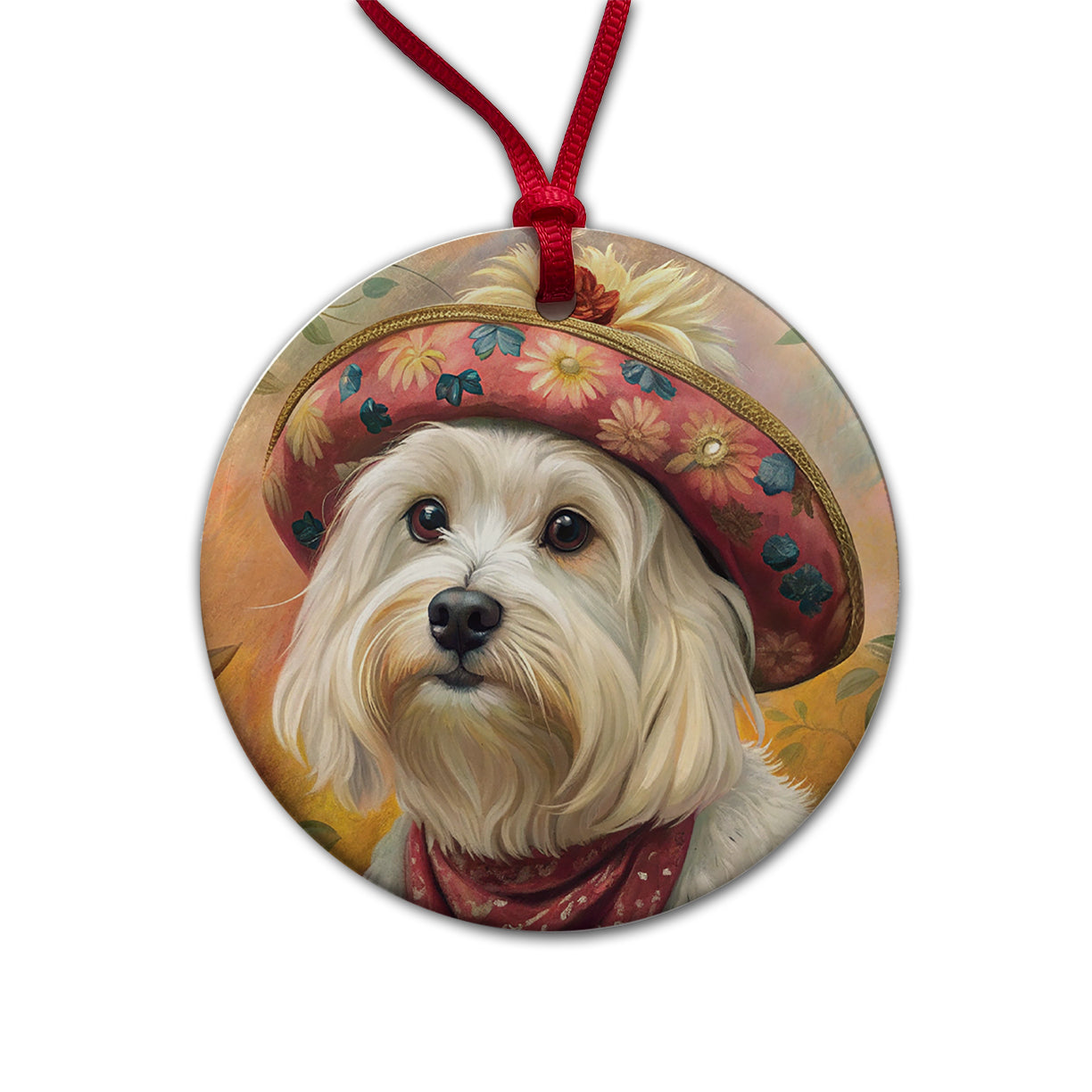 Maltese Dog French Bohemian Art Round Ceramic Holiday Christmas Tree Ornament