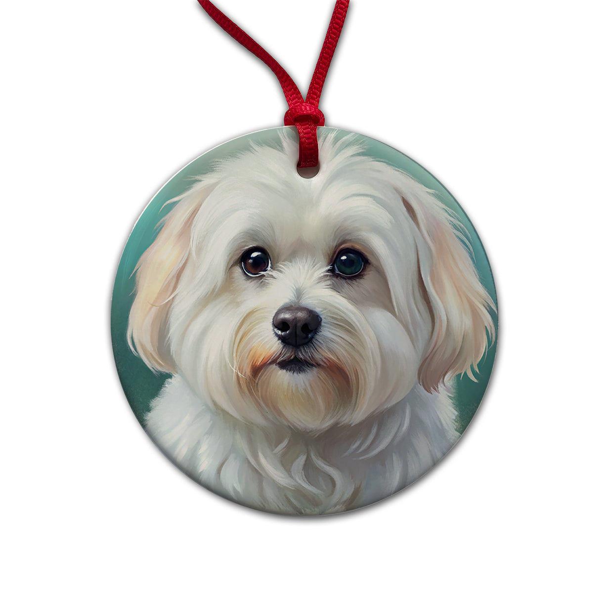 Maltese Dog Illustration Round Ceramic Holiday Christmas Tree Ornament