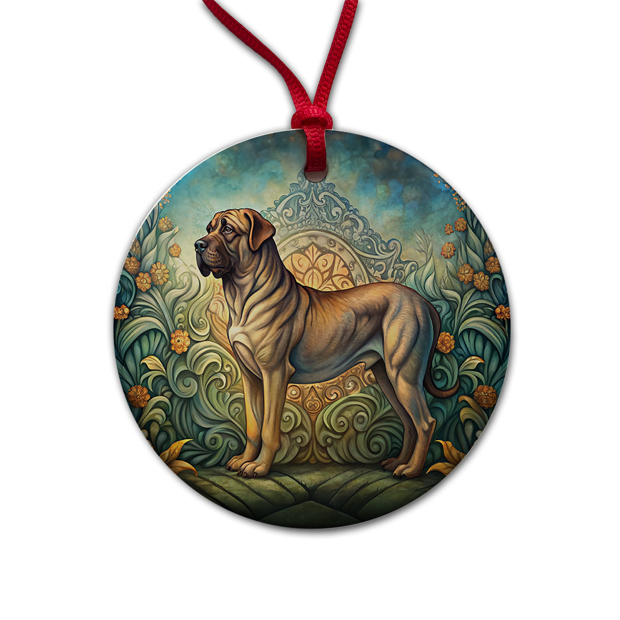 Mastiff Dog Art Nouveau Round Ceramic Holiday Christmas Tree Ornament