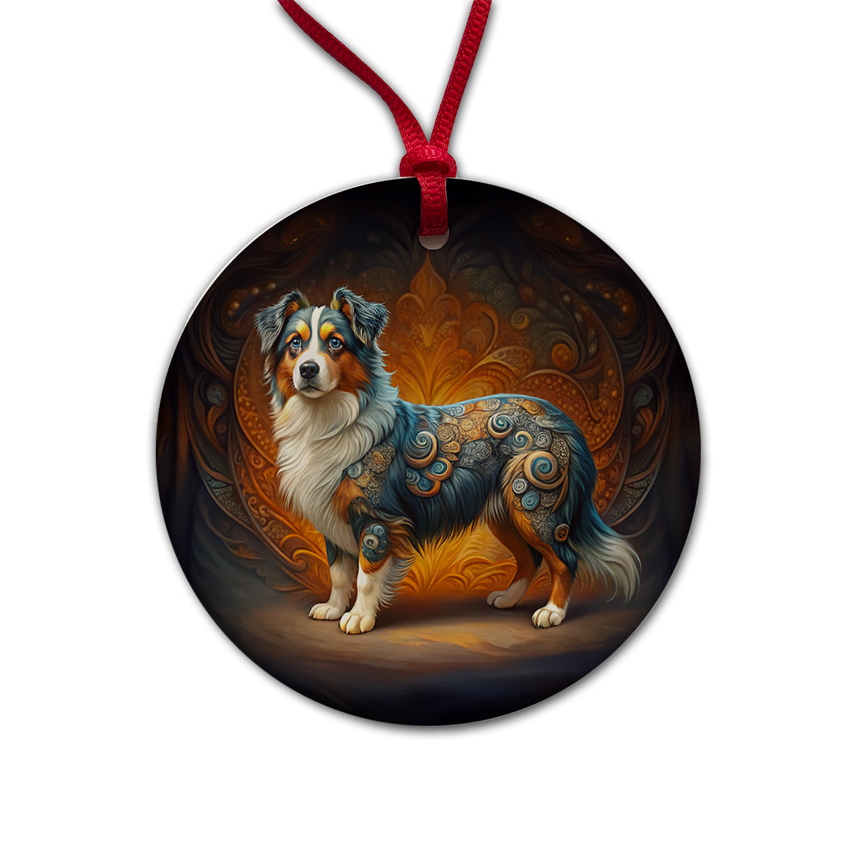 Miniature American Shepherd Dog Art Nouveau Round Ceramic Holiday Christmas Tree Ornament