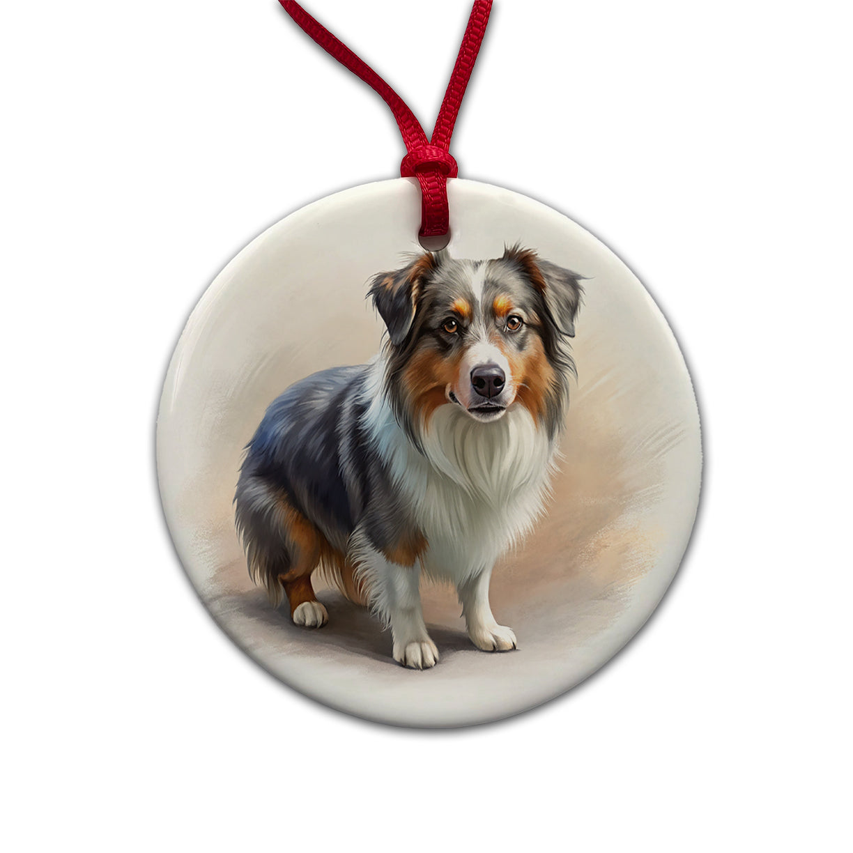 Miniature American Shepherd Dog Illustration Round Ceramic Holiday Christmas Tree Ornament