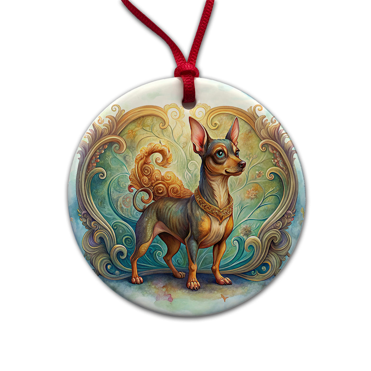 Miniature Pinscher Dog Art Nouveau Round Ceramic Holiday Christmas Tree Ornament