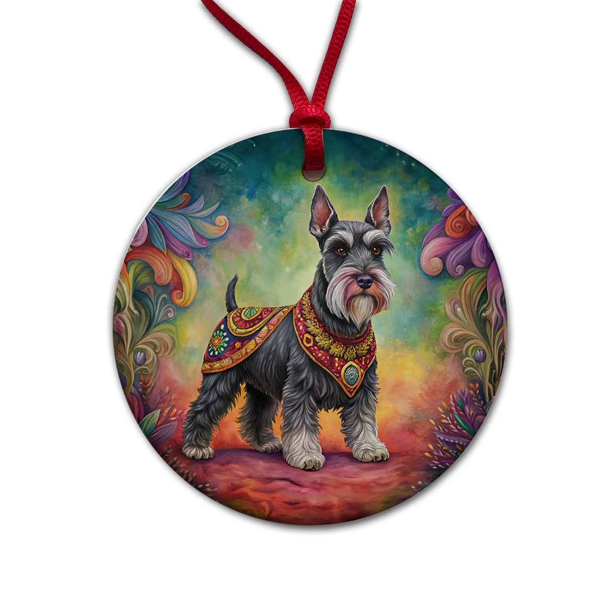 Miniature Schnauzer Dog Bohemian Art Round Ceramic Holiday Christmas Tree Ornament
