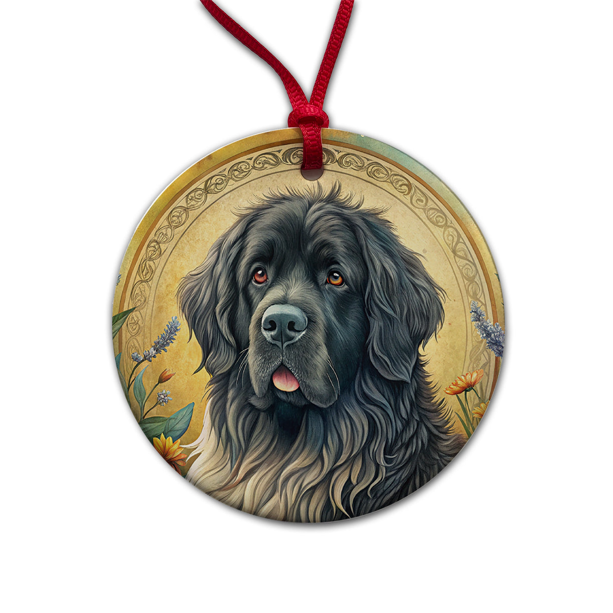 Newfoundland Dog Art Nouveau Round Ceramic Holiday Christmas Tree Ornament