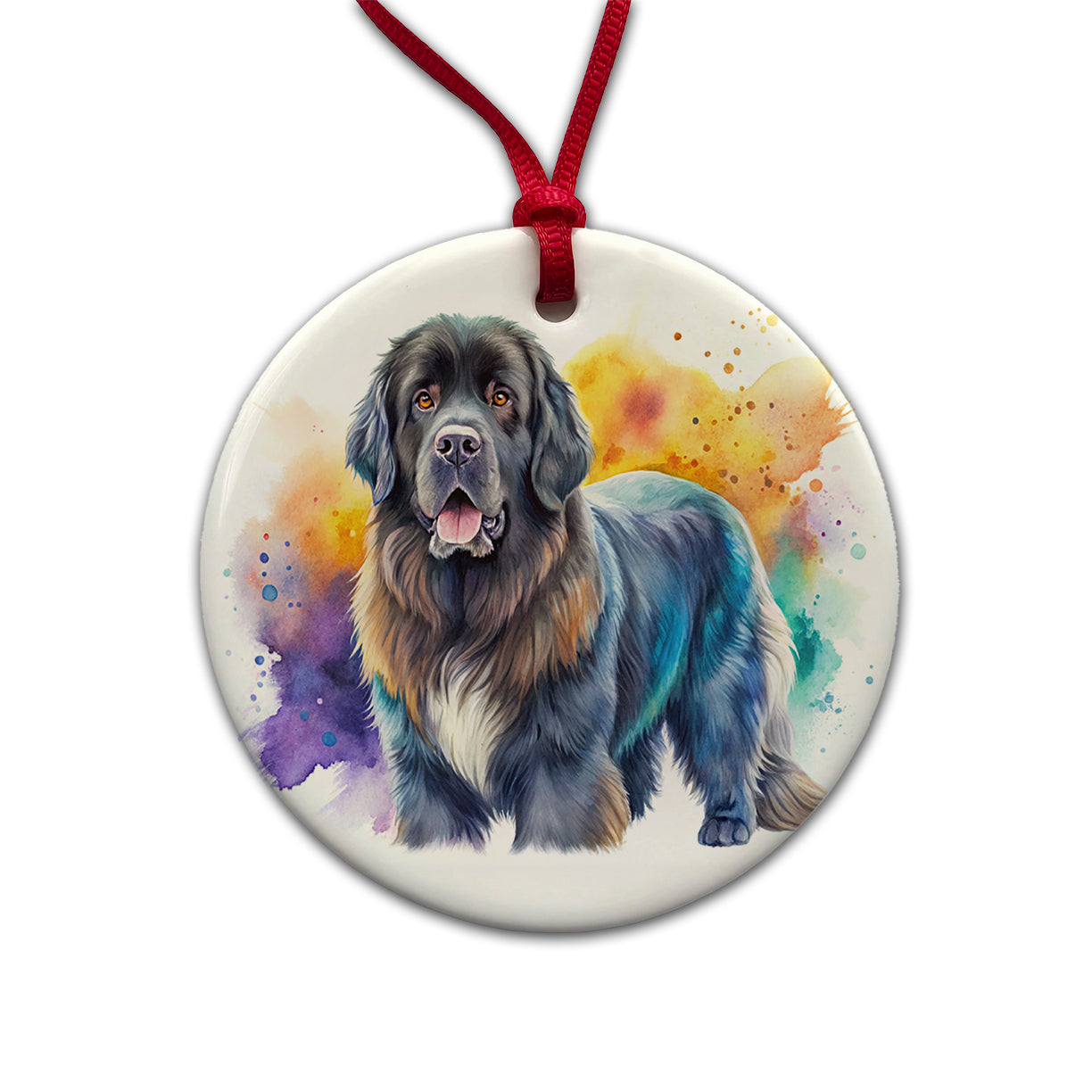Newfoundland Dog Watercolor Style Round Ceramic Holiday Christmas Tree Ornament