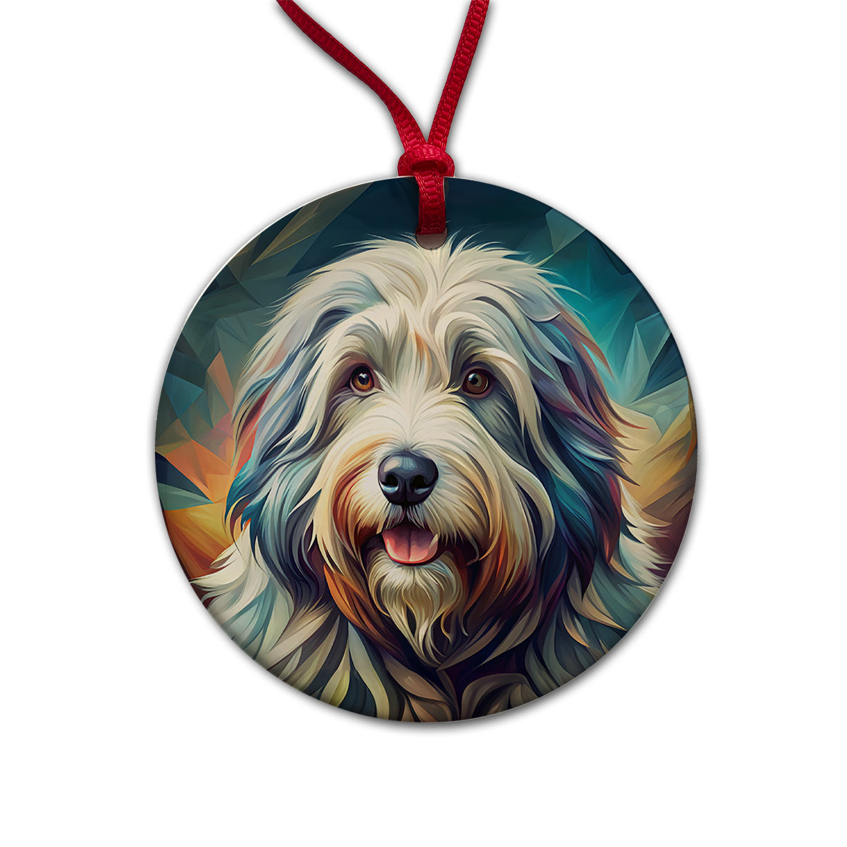 Old English Sheepdog Dog Contemporary Art Round Ceramic Holiday Christmas Tree Ornament