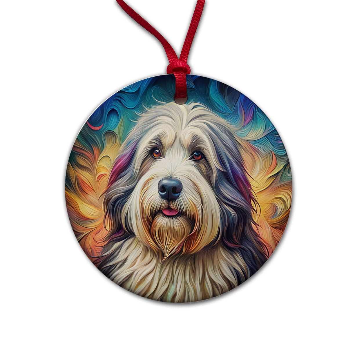 Old English Sheepdog Dog French Bohemian Art Round Ceramic Holiday Christmas Tree Ornament