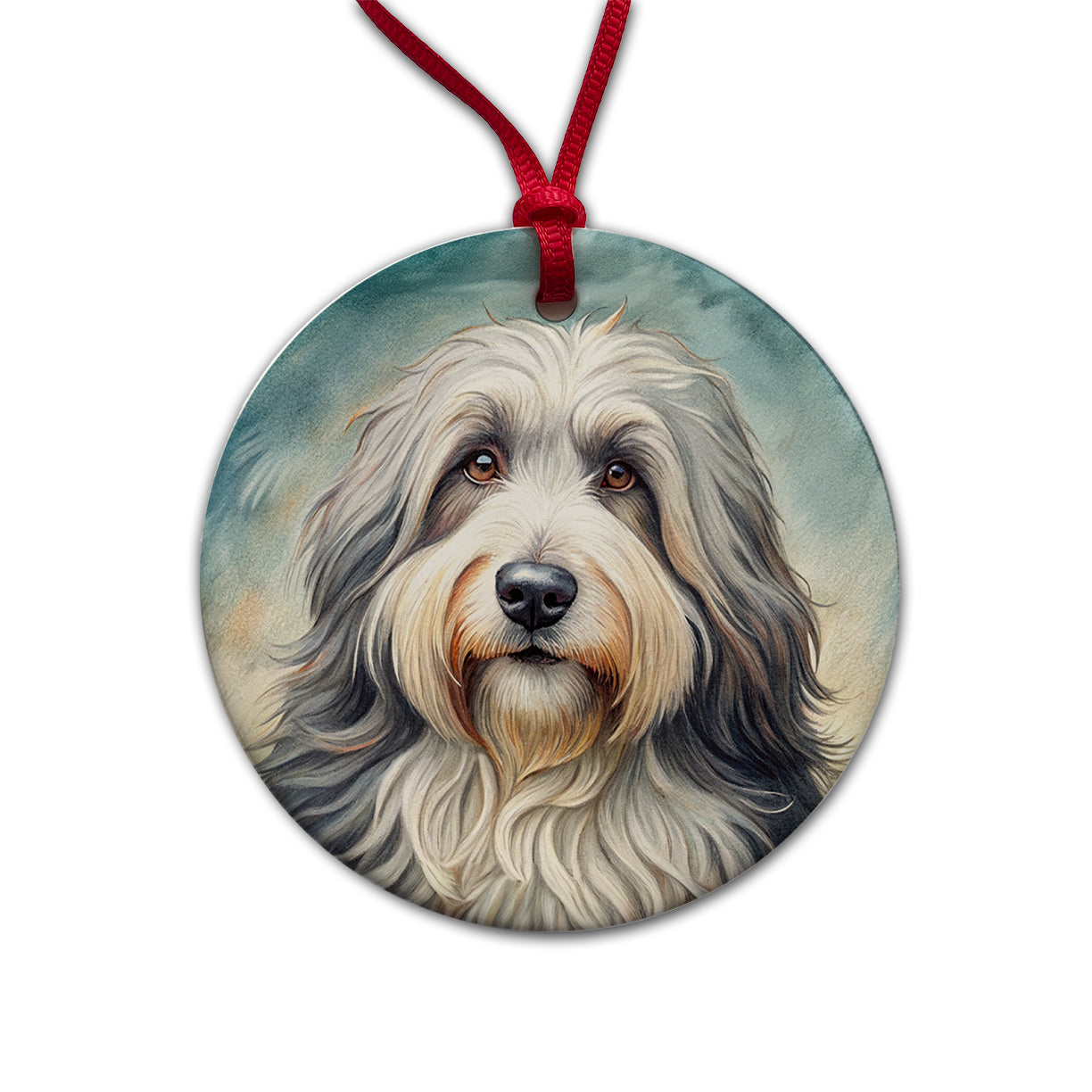 Old English Sheepdog Dog Illustration Round Ceramic Holiday Christmas Tree Ornament