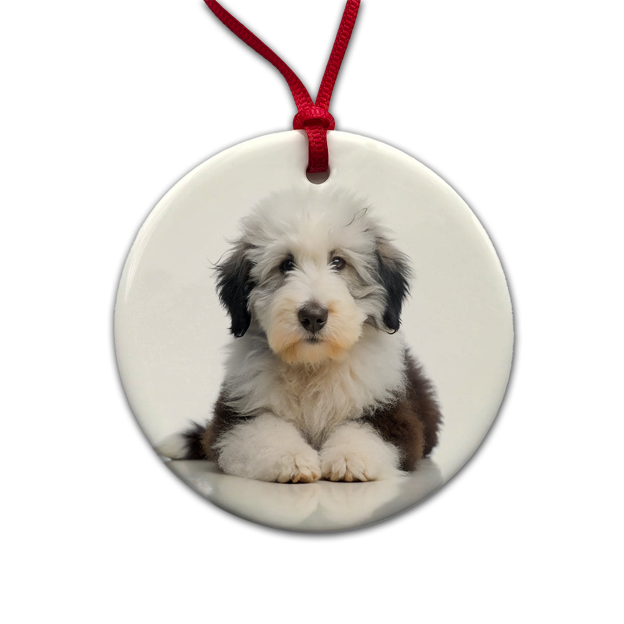 Old English Sheepdog Dog Puppy Photo Round Ceramic Holiday Christmas Tree Ornament