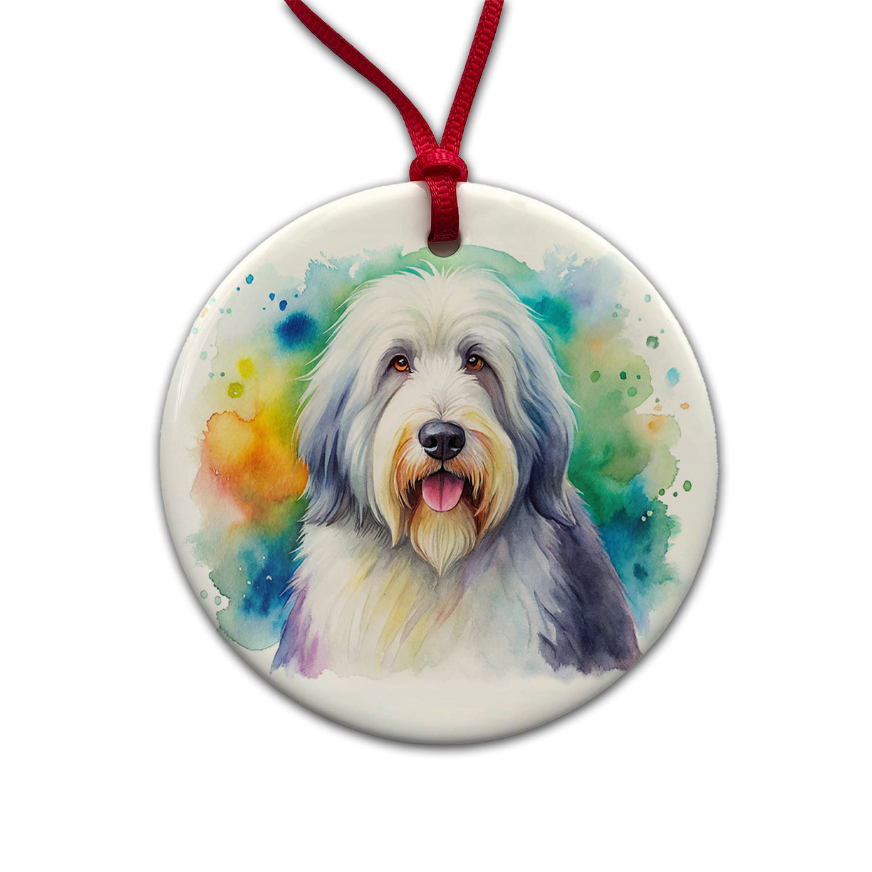 Old English Sheepdog Dog Watercolor Style Round Ceramic Holiday Christmas Tree Ornament