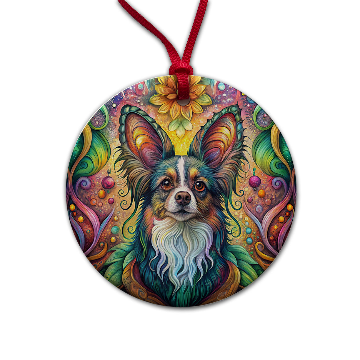 Papillion Dog Bohemian Art Round Ceramic Holiday Christmas Tree Ornament