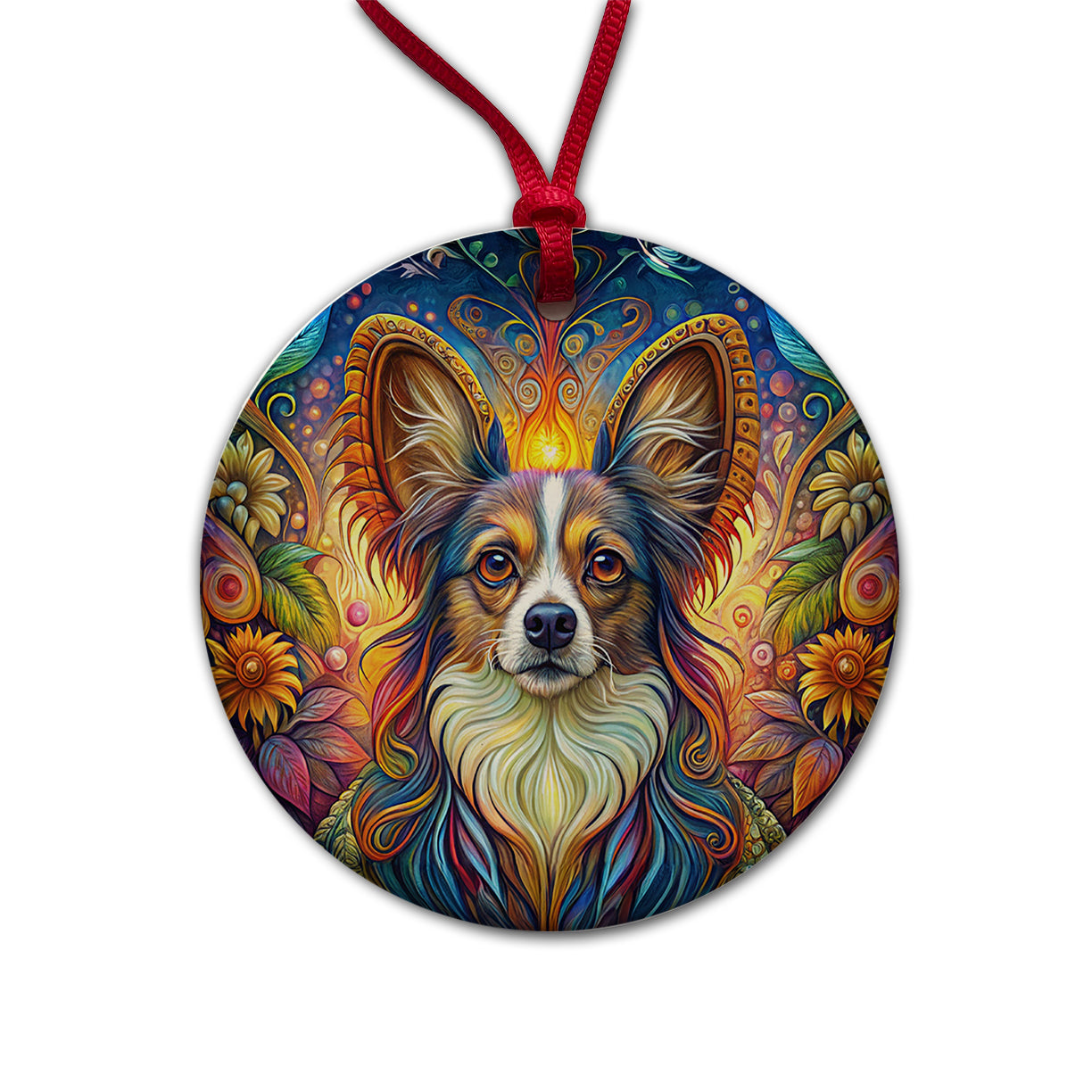 Papillion Dog French Bohemian Art Round Ceramic Holiday Christmas Tree Ornament