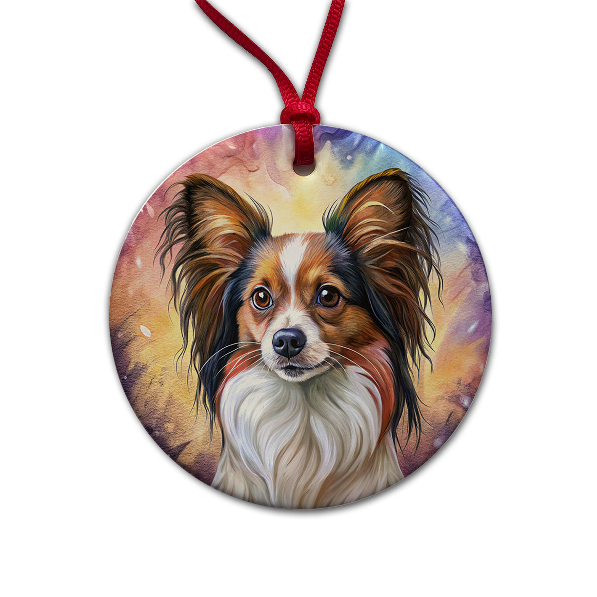 Papillion Dog Illustration Round Ceramic Holiday Christmas Tree Ornament