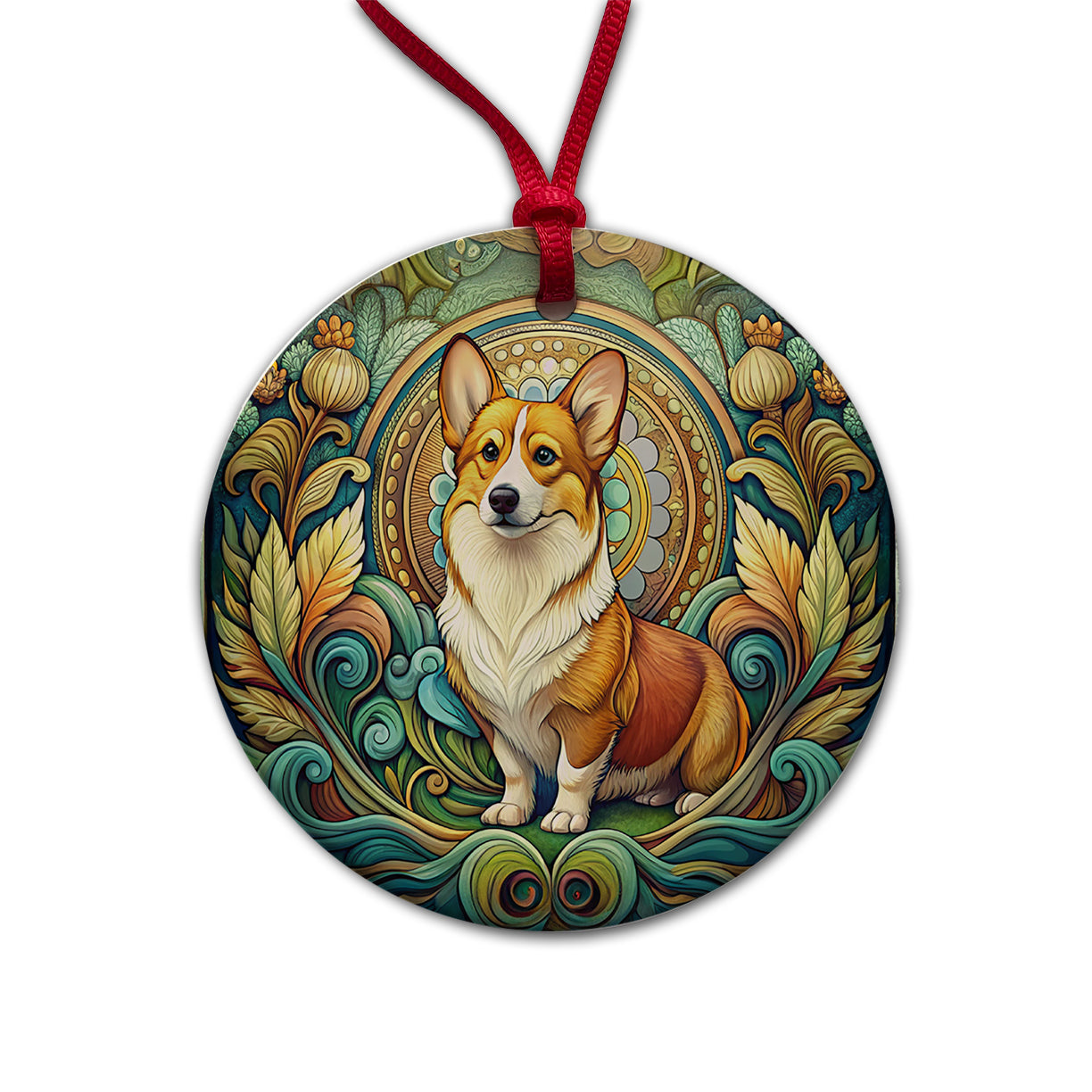 Pembroke Welsh Corgi Dog Art Nouveau Round Ceramic Holiday Christmas Tree Ornament