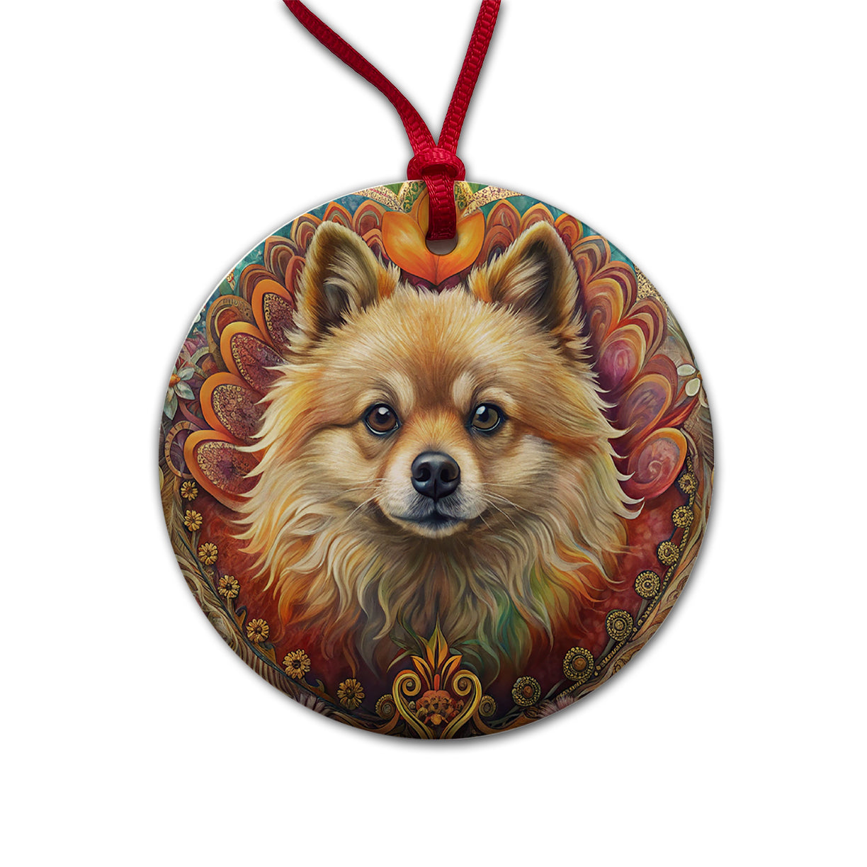 Pomeranian Dog Bohemian Art Round Ceramic Holiday Christmas Tree Ornament
