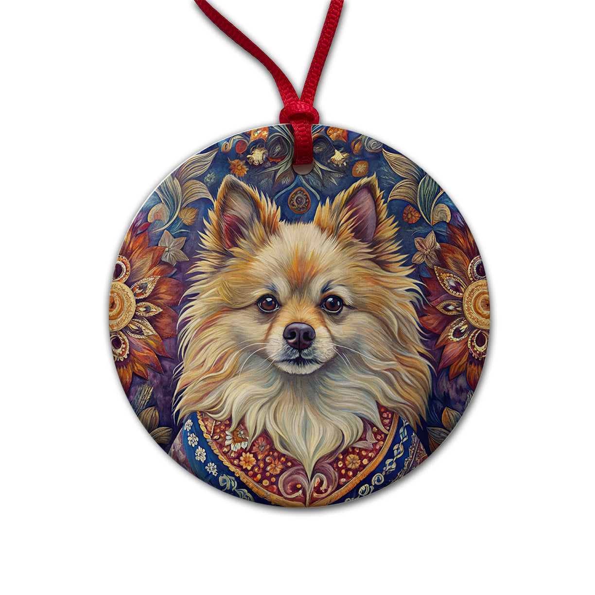 Pomeranian Dog French Bohemian Art Round Ceramic Holiday Christmas Tree Ornament