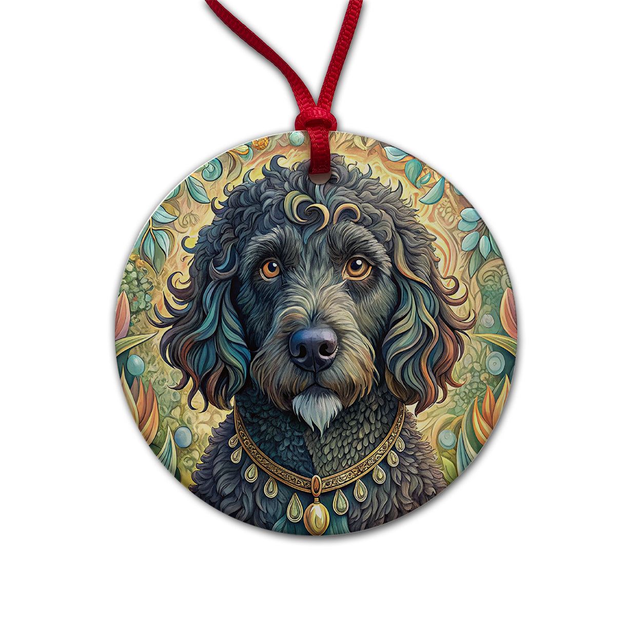 Portuguese Water Dog Art Nouveau Round Ceramic Holiday Christmas Tree Ornament