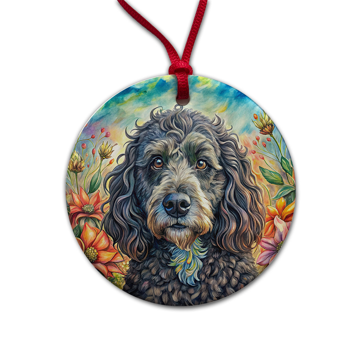 Portuguese Water Dog French Bohemian Art Round Ceramic Holiday Christmas Tree Ornament