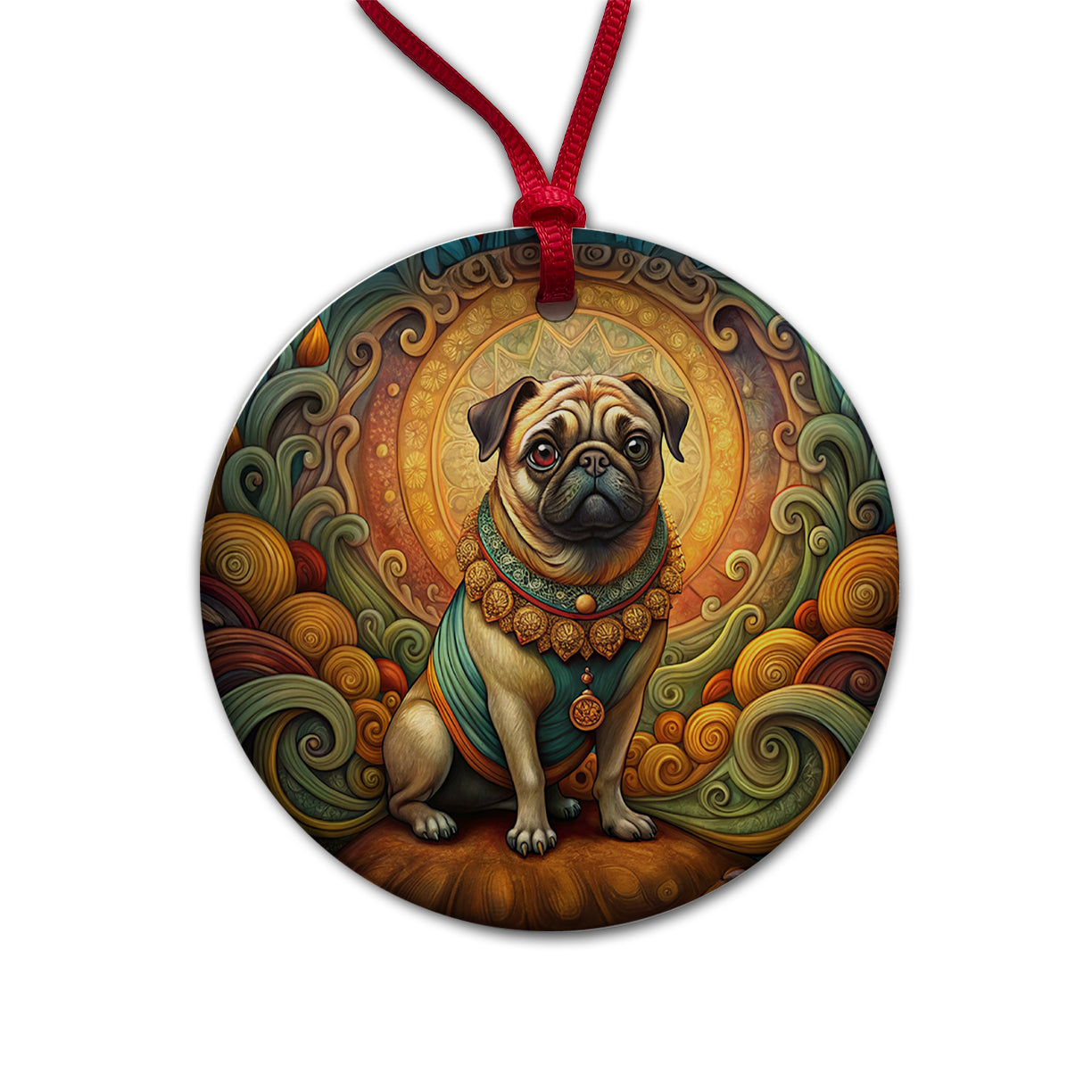 Pug Dog Art Nouveau Round Ceramic Holiday Christmas Tree Ornament