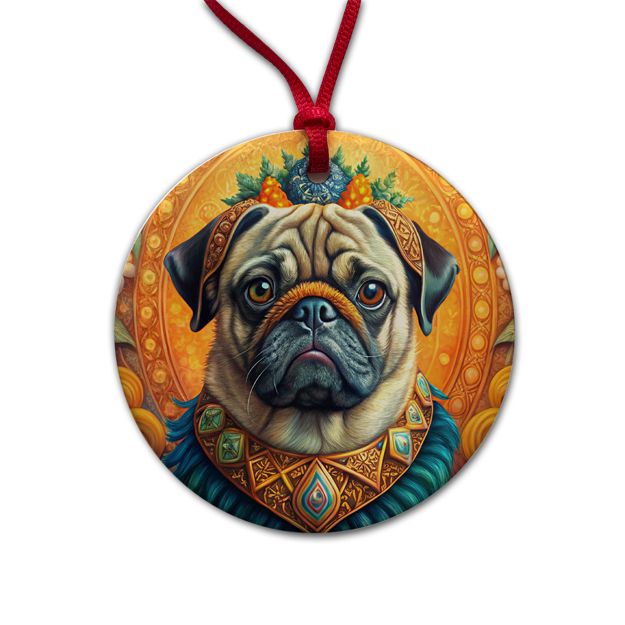 Pug Dog Bohemian Art Round Ceramic Holiday Christmas Tree Ornament