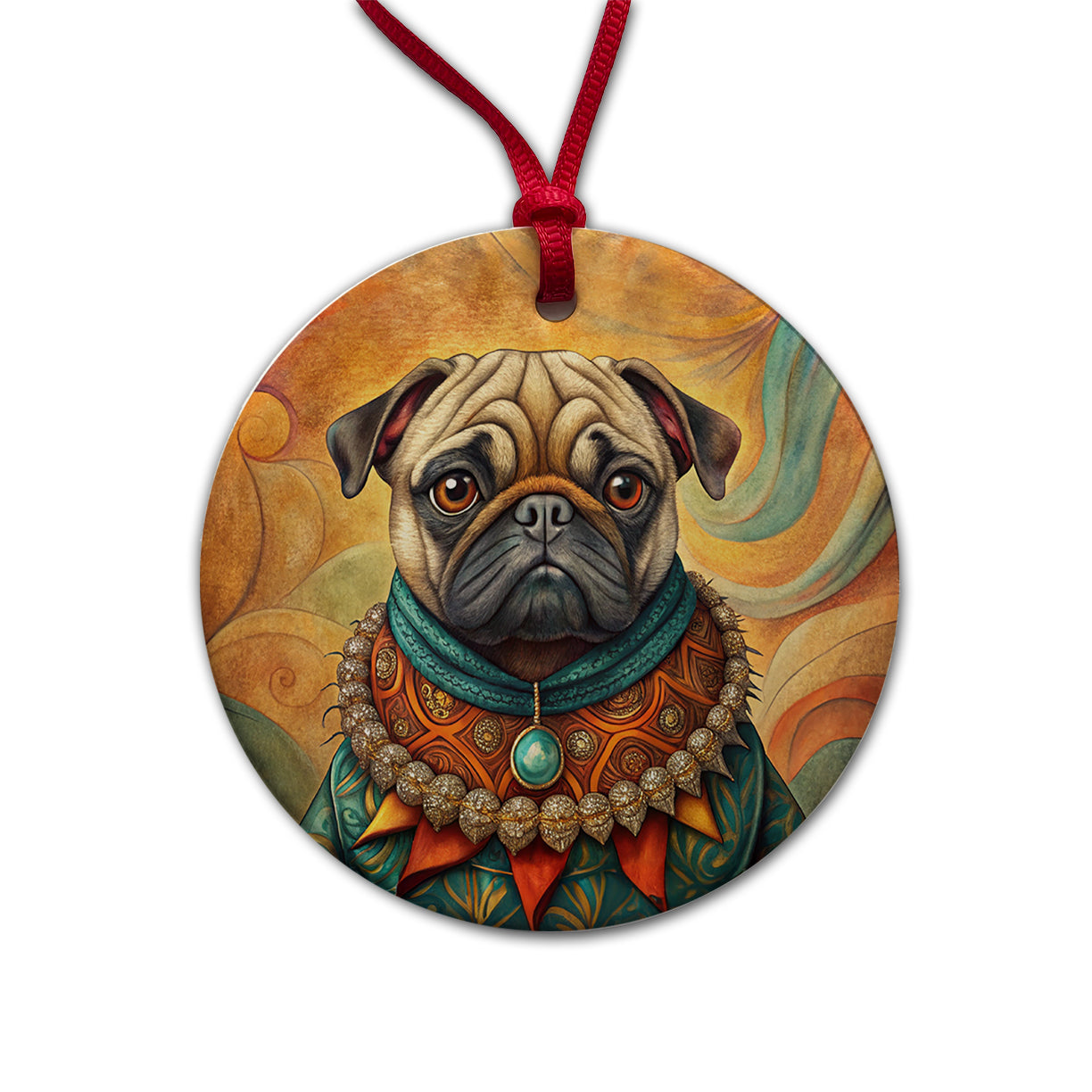 Pug Dog French Bohemian Art Round Ceramic Holiday Christmas Tree Ornament