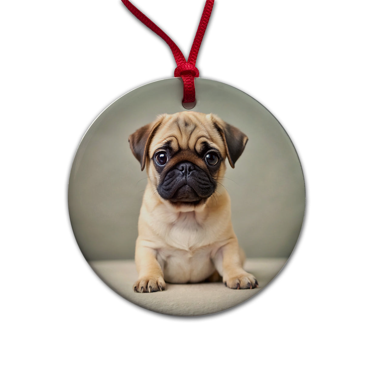 Pug Dog Puppy Photo Round Ceramic Holiday Christmas Tree Ornament