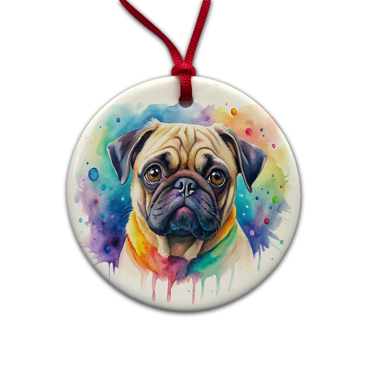 Pug Dog Watercolor Style Round Ceramic Holiday Christmas Tree Ornament