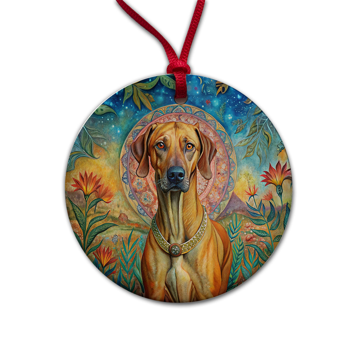 Rhodesian Ridgeback Dog Bohemian Art Round Ceramic Holiday Christmas Tree Ornament