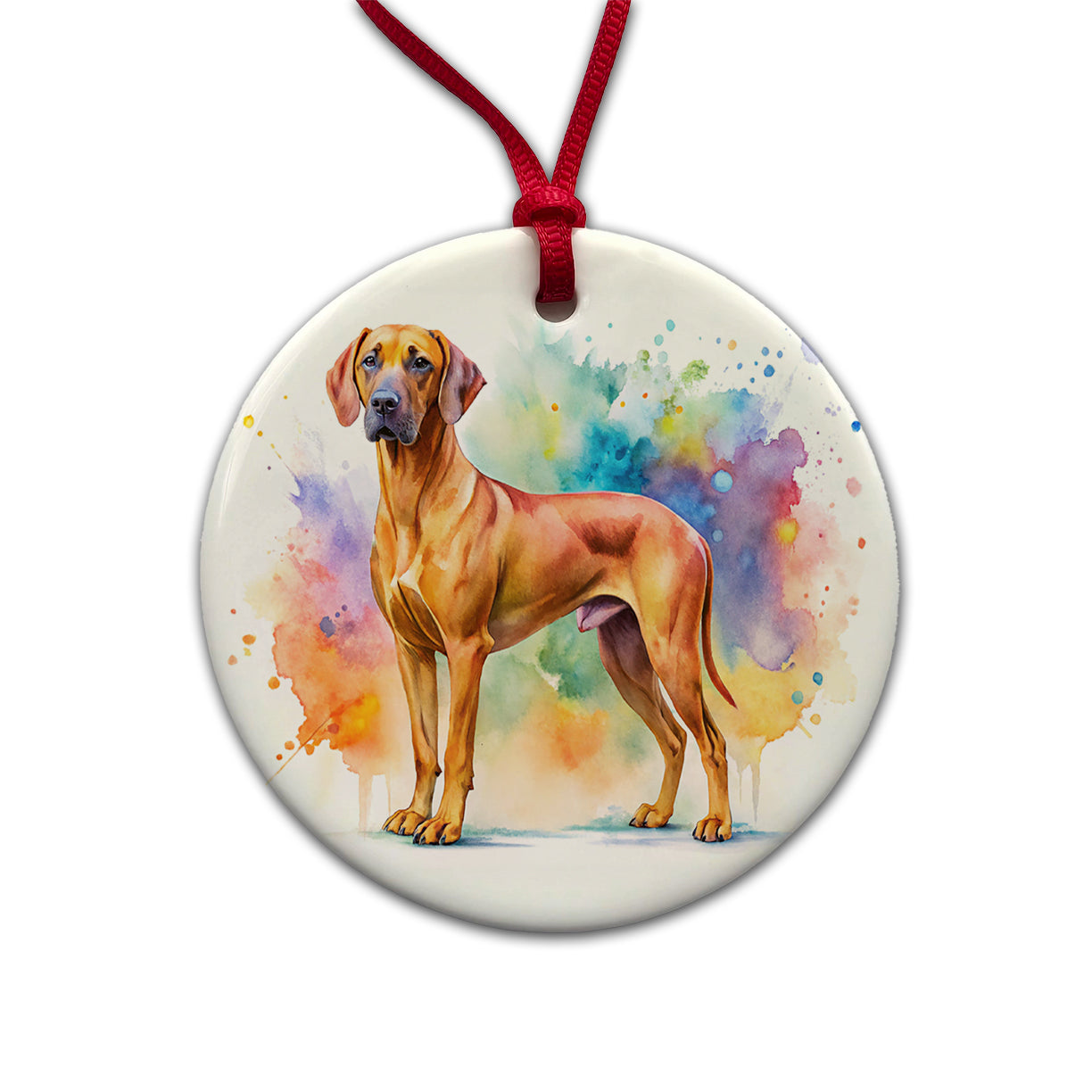 Rhodesian Ridgeback Dog Watercolor Style Round Ceramic Holiday Christmas Tree Ornament