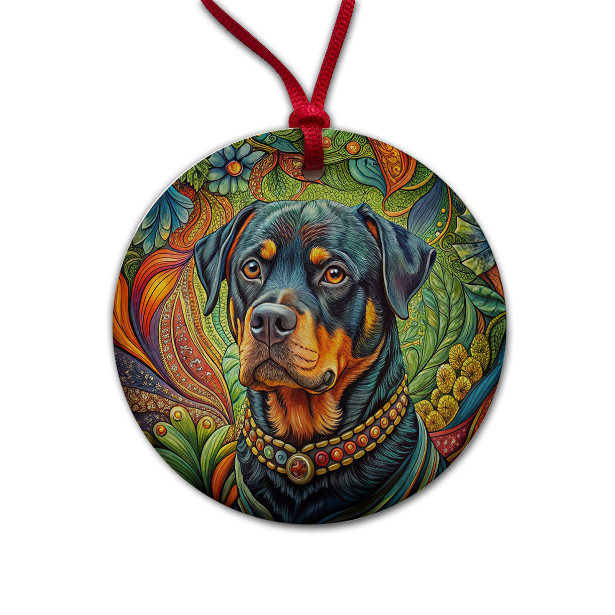 Rottweiler Dog Bohemian Art Round Ceramic Holiday Christmas Tree Ornament