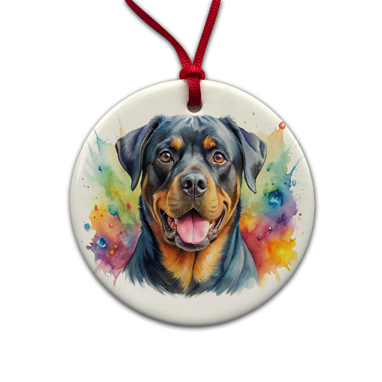 Rottweiler Dog Watercolor Style Round Ceramic Holiday Christmas Tree Ornament