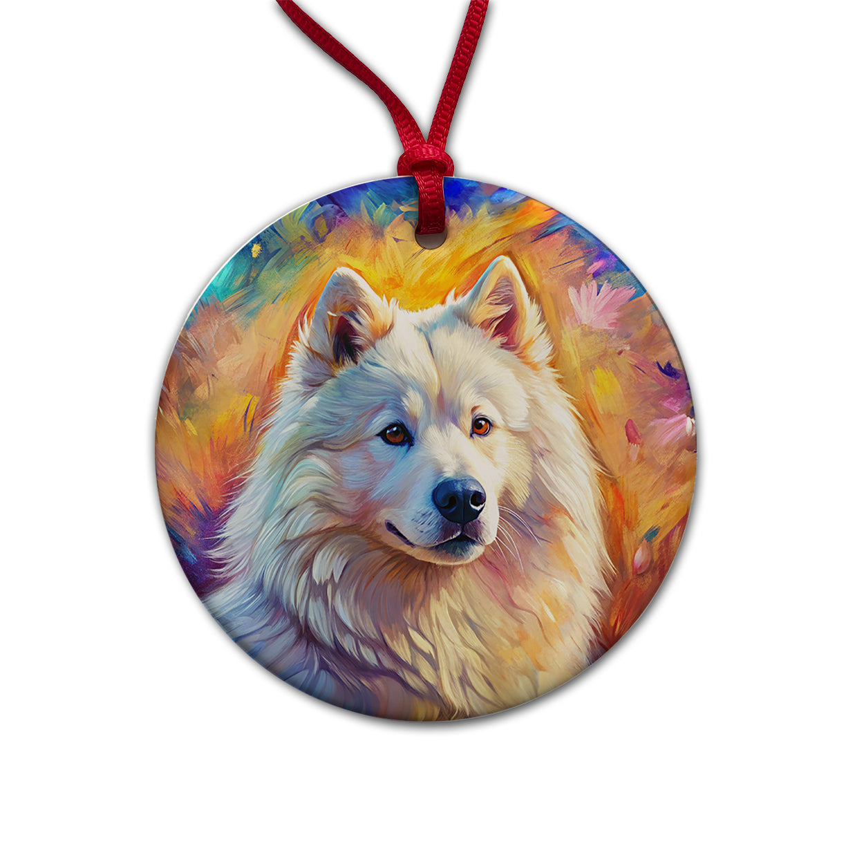 Samoyed Dog Expressionism Art Round Ceramic Holiday Christmas Tree Ornament