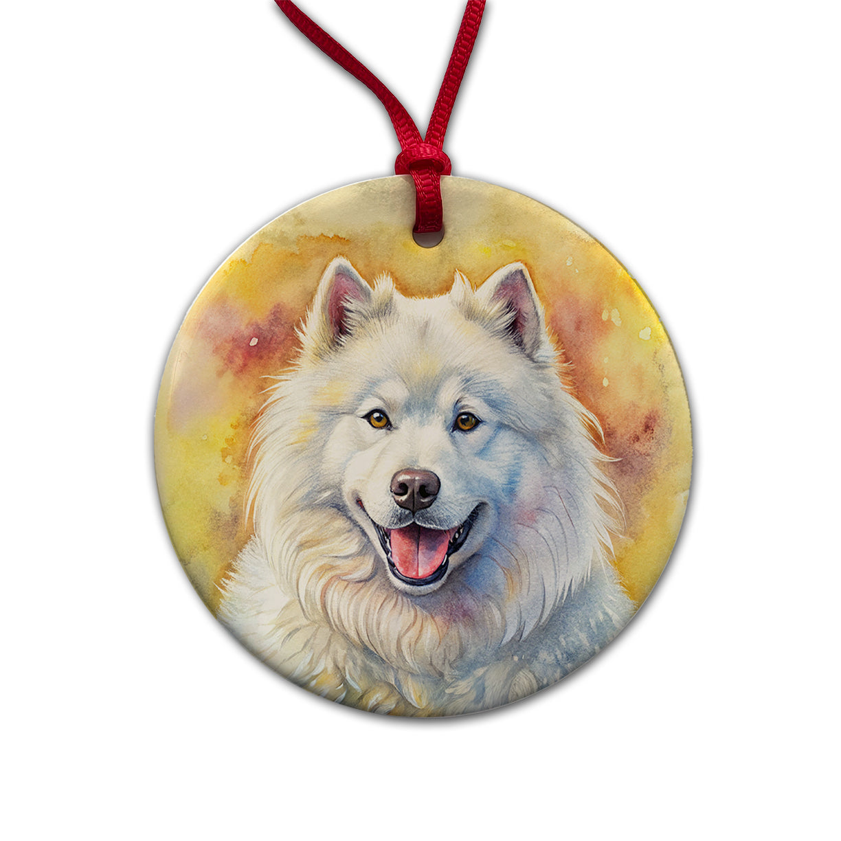 Samoyed Dog Illustration Round Ceramic Holiday Christmas Tree Ornament