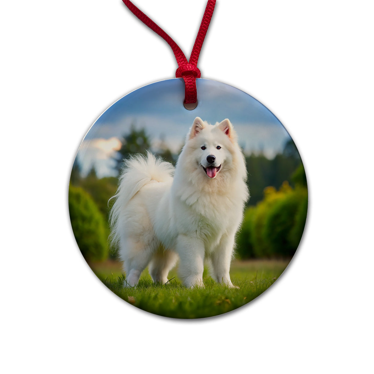 Samoyed Dog Photo Round Ceramic Holiday Christmas Tree Ornament