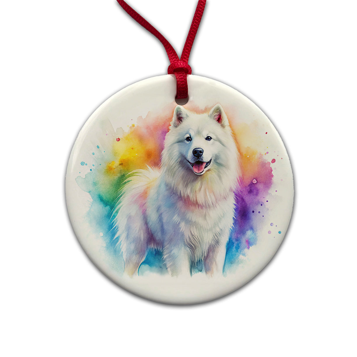 Samoyed Dog Watercolor Style Round Ceramic Holiday Christmas Tree Ornament
