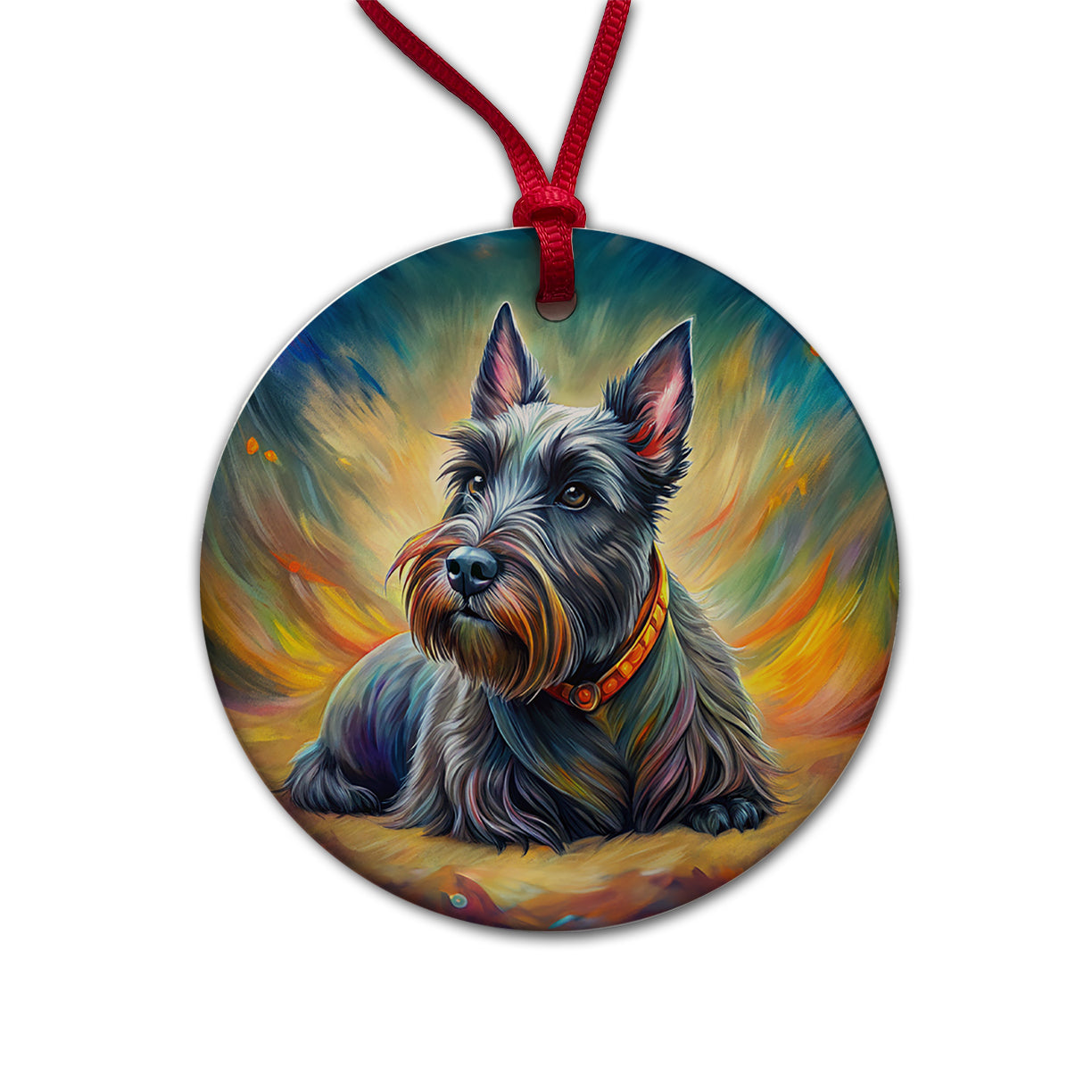 Scottish Terrier Dog Illustration Round Ceramic Holiday Christmas Tree Ornament