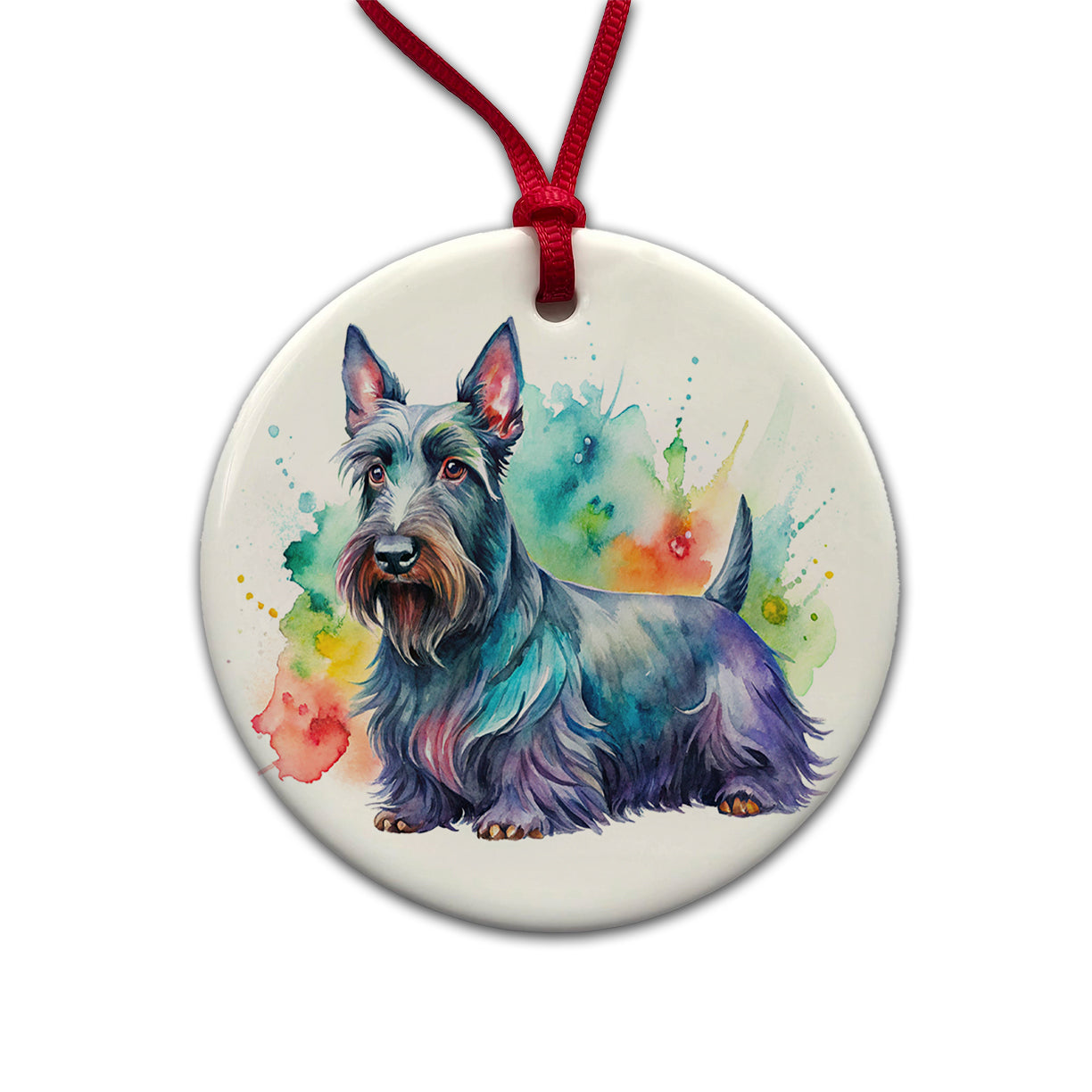 Scottish Terrier Dog Watercolor Style Round Ceramic Holiday Christmas Tree Ornament