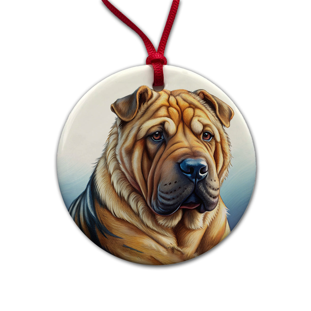 Shar Pei Dog Illustration Round Ceramic Holiday Christmas Tree Ornament