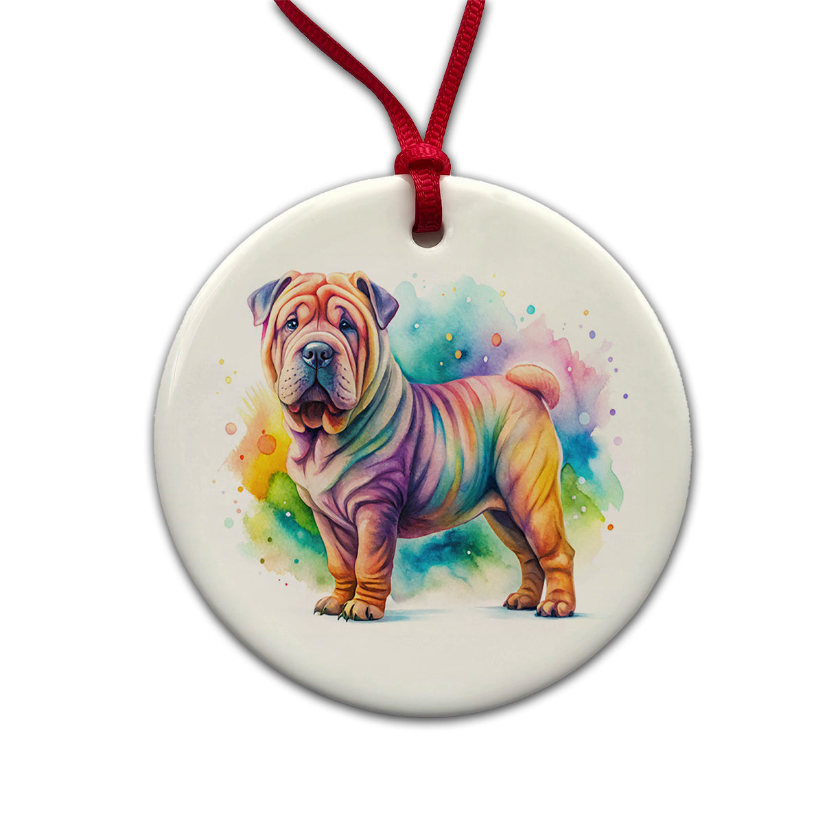 Shar Pei Dog Watercolor Style Round Ceramic Holiday Christmas Tree Ornament