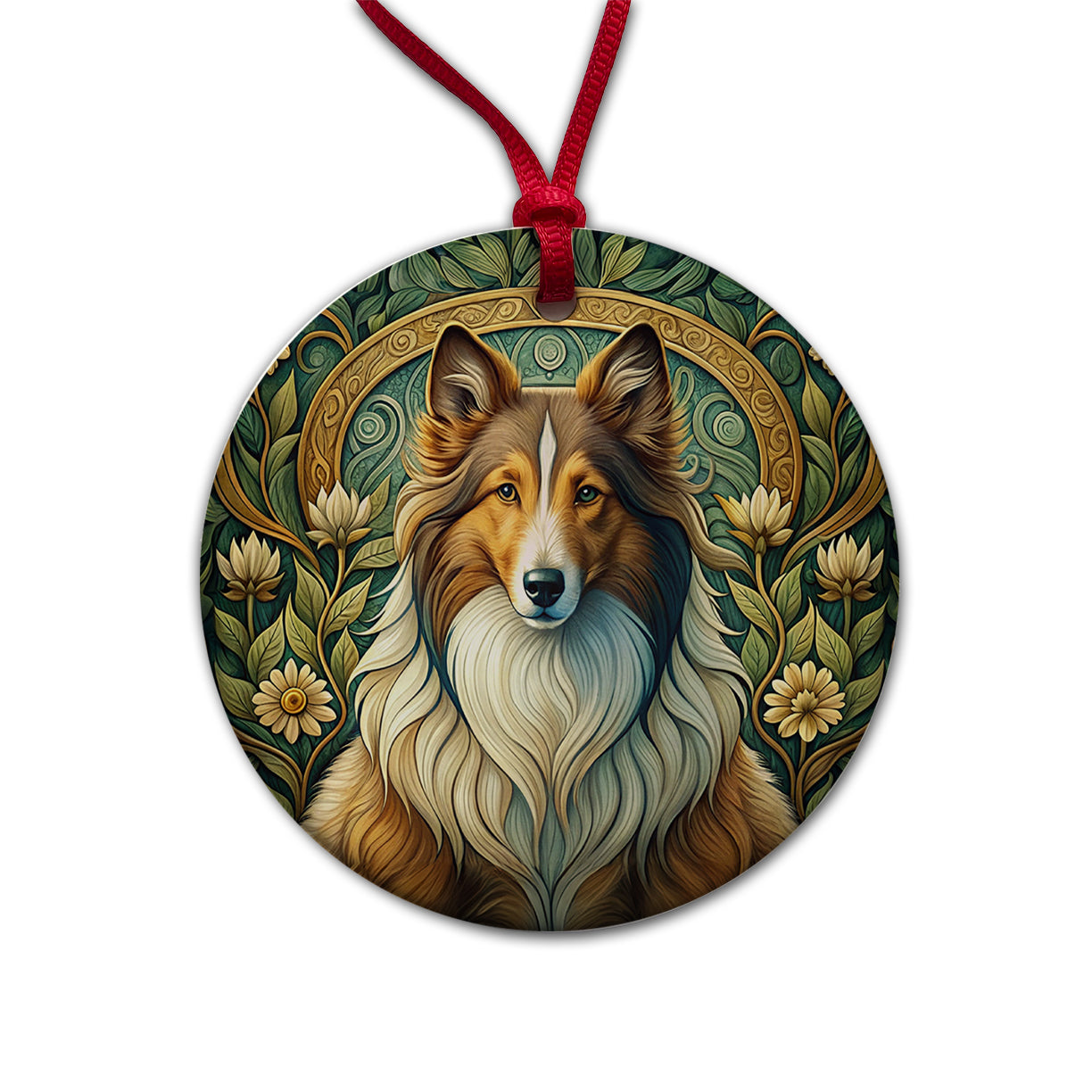 Shetland Sheepdog Sheltie Dog Art Nouveau Round Ceramic Holiday Christmas Tree Ornament