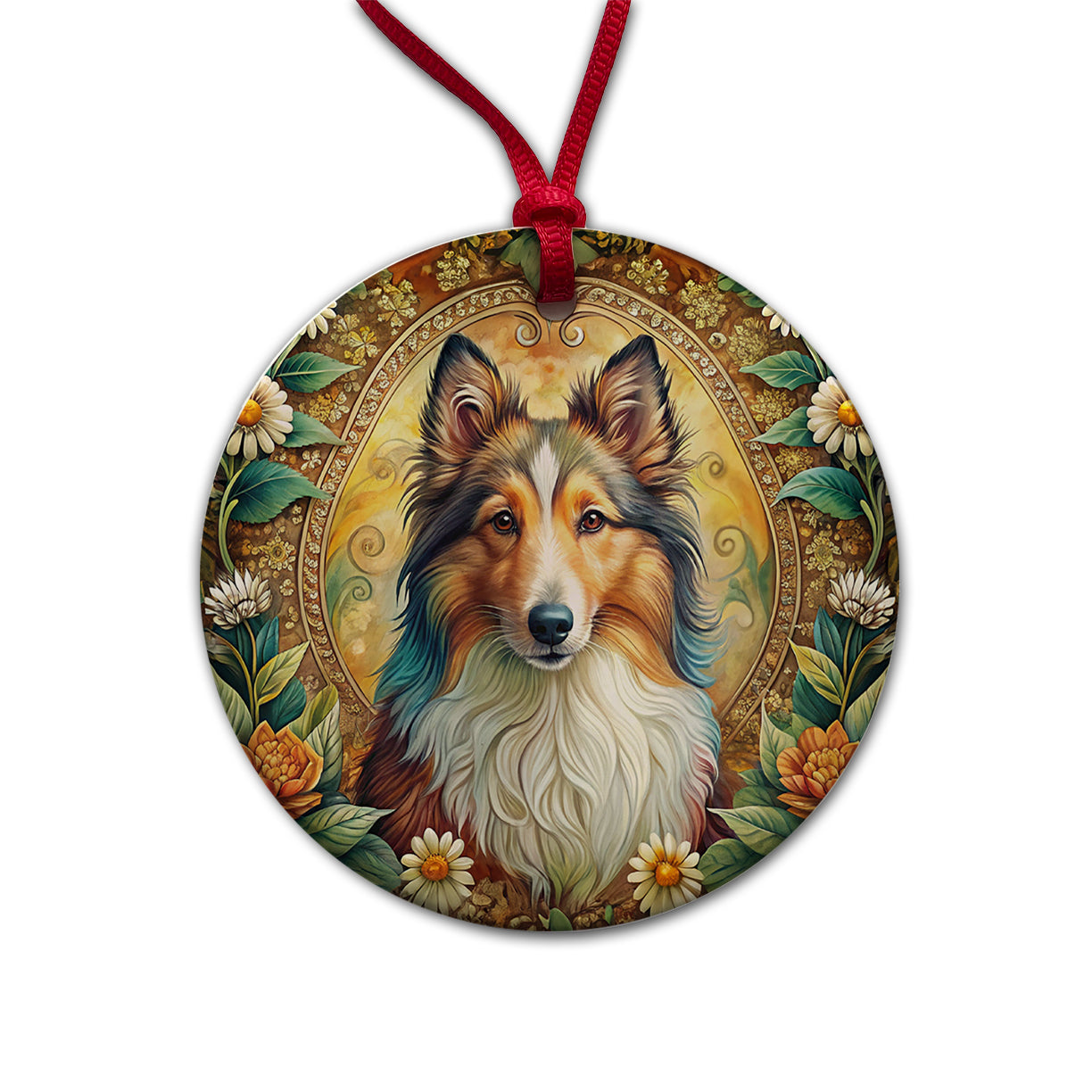 Shetland Sheepdog Sheltie Dog Bohemian Art Round Ceramic Holiday Christmas Tree Ornament