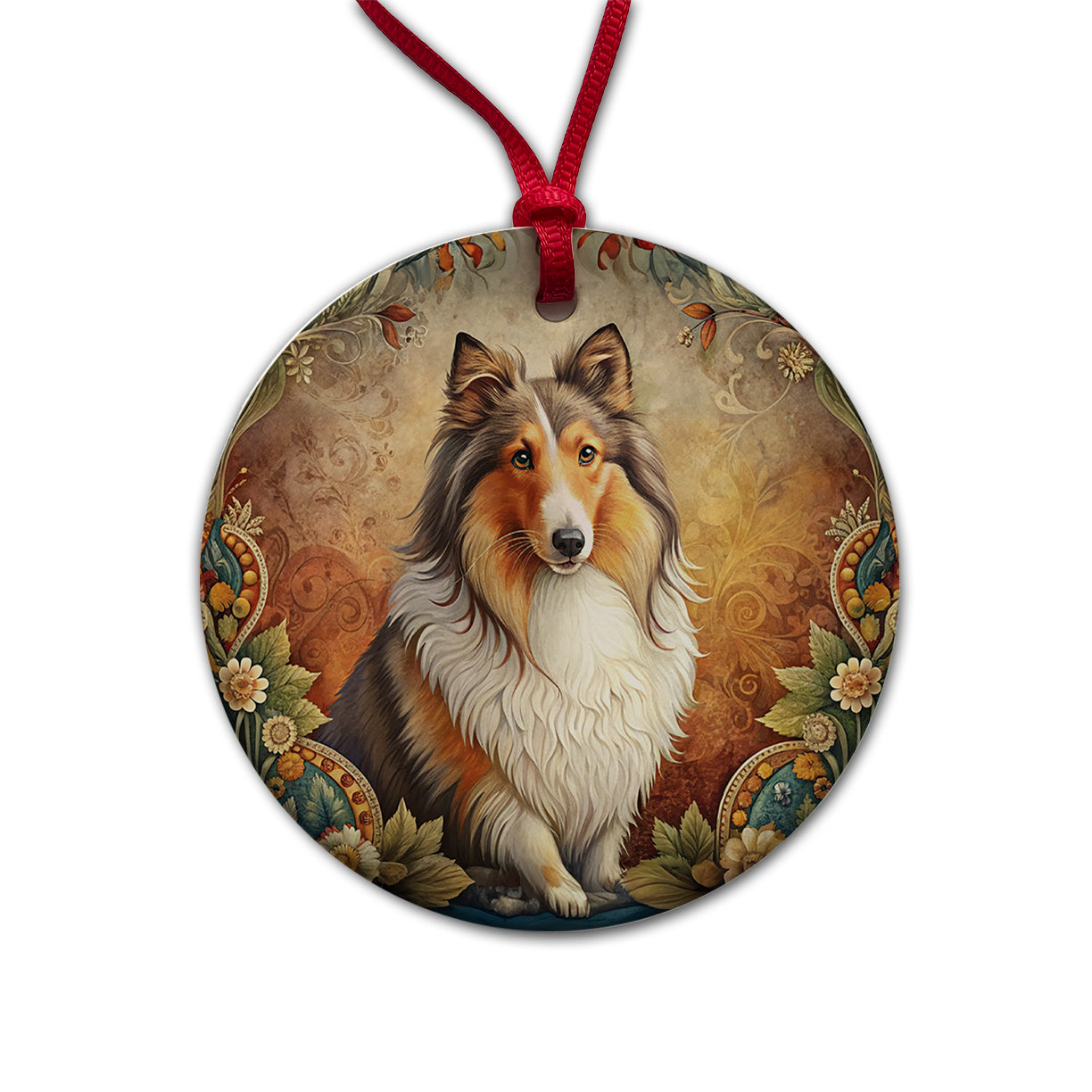 Shetland Sheepdog Sheltie Dog French Bohemian Art Round Ceramic Holiday Christmas Tree Ornament