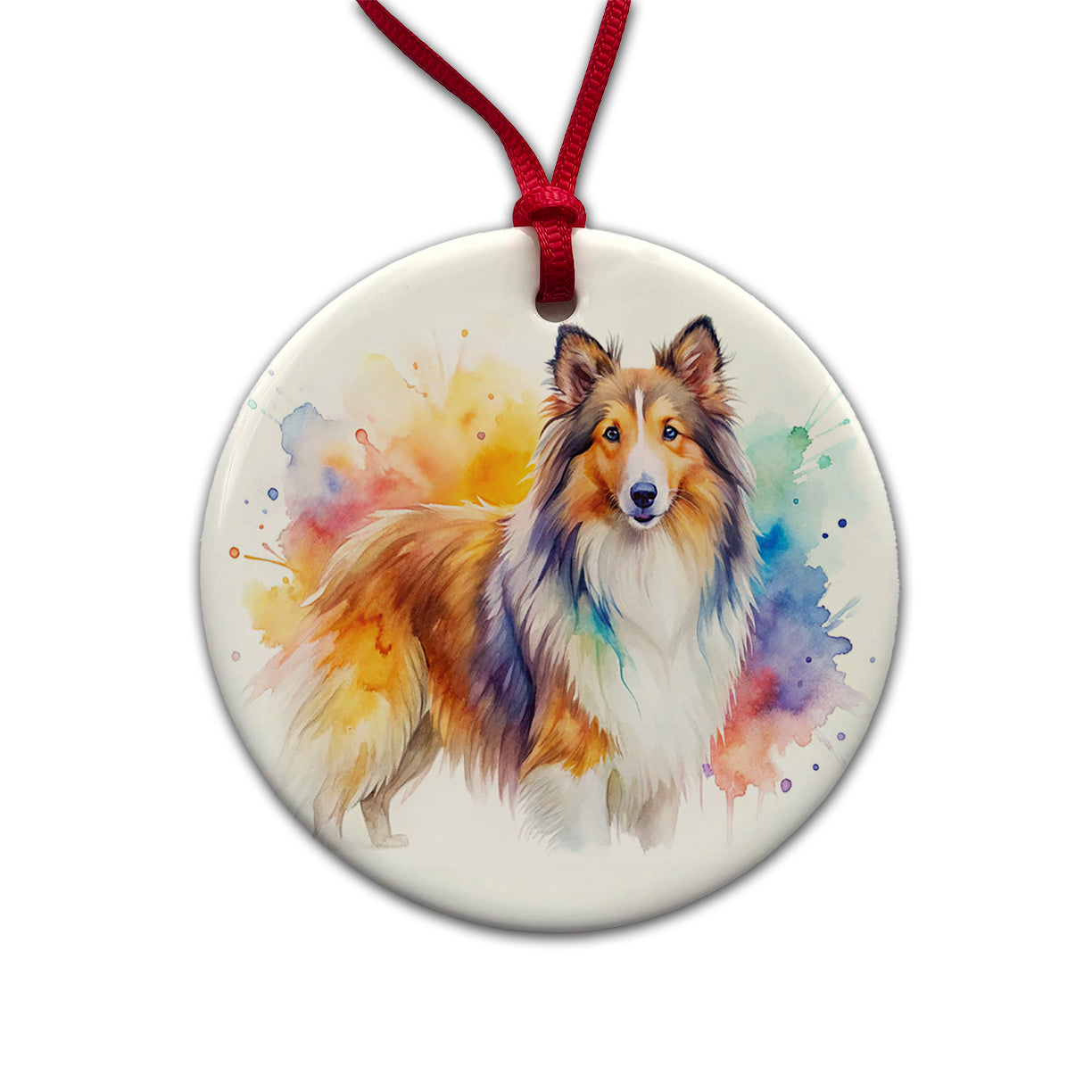 Shetland Sheepdog Sheltie Dog Watercolor Style Round Ceramic Holiday Christmas Tree Ornament