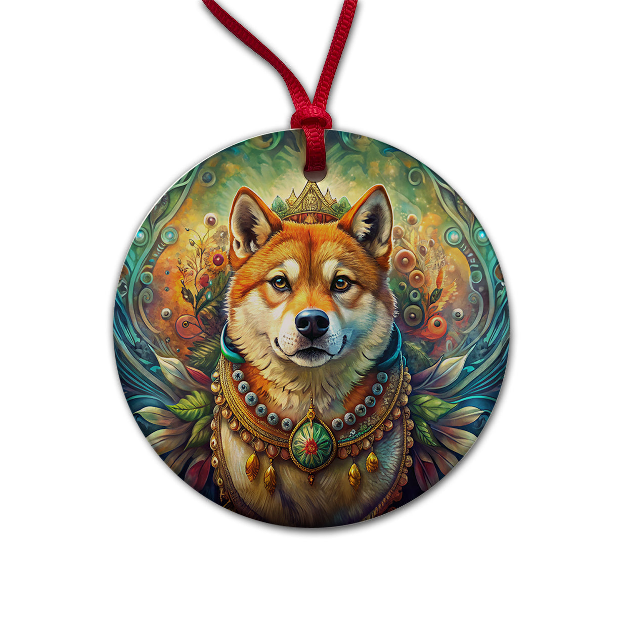 Shiba Inu Dog Bohemian Art Round Ceramic Holiday Christmas Tree Ornament
