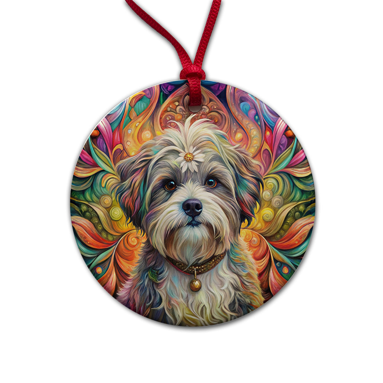 Shih Tzu Dog Bohemian Art Round Ceramic Holiday Christmas Tree Ornament