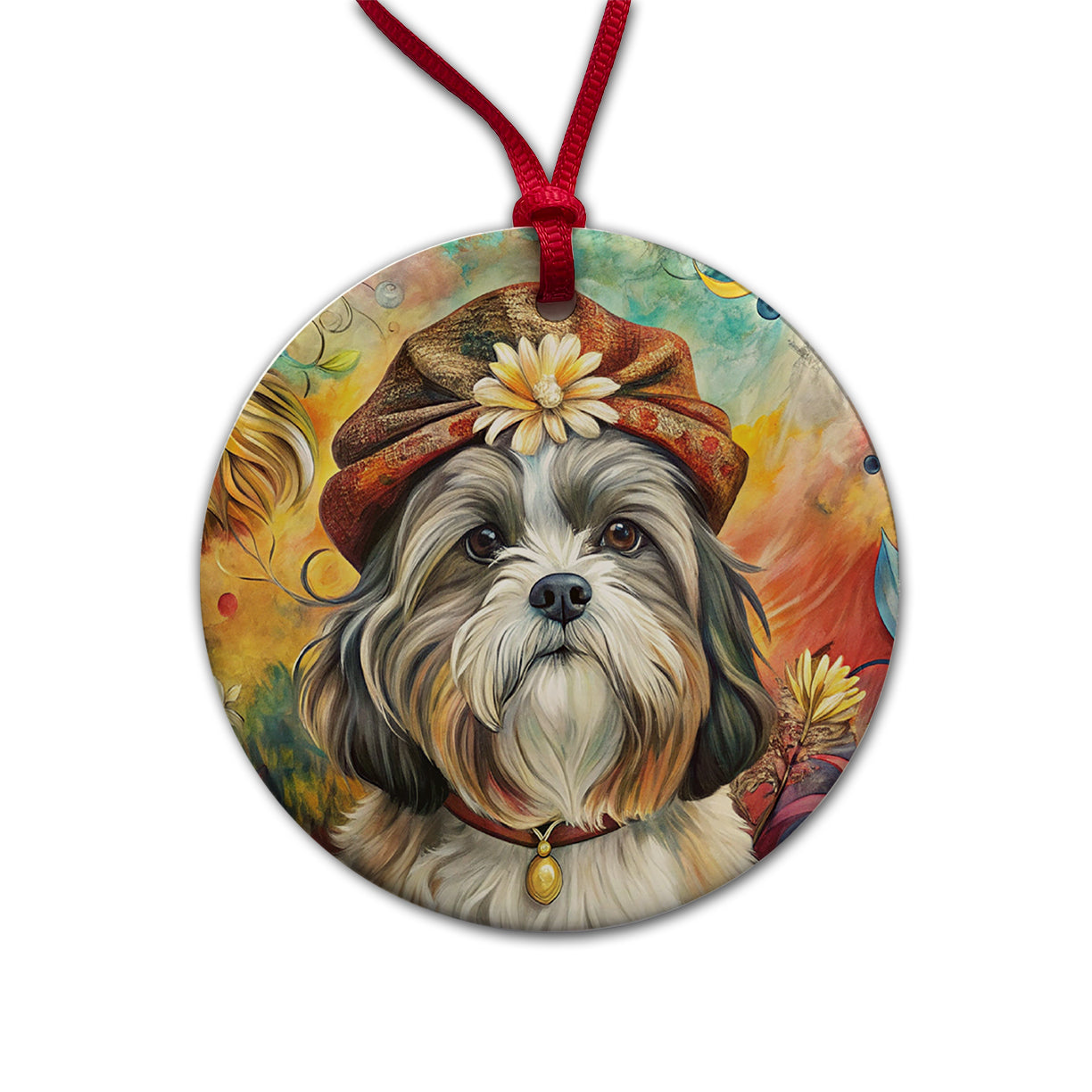 Shih Tzu Dog French Bohemian Art Round Ceramic Holiday Christmas Tree Ornament