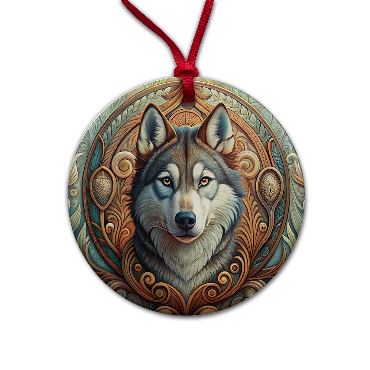 Siberian Husky Dog Art Nouveau Round Ceramic Holiday Christmas Tree Ornament