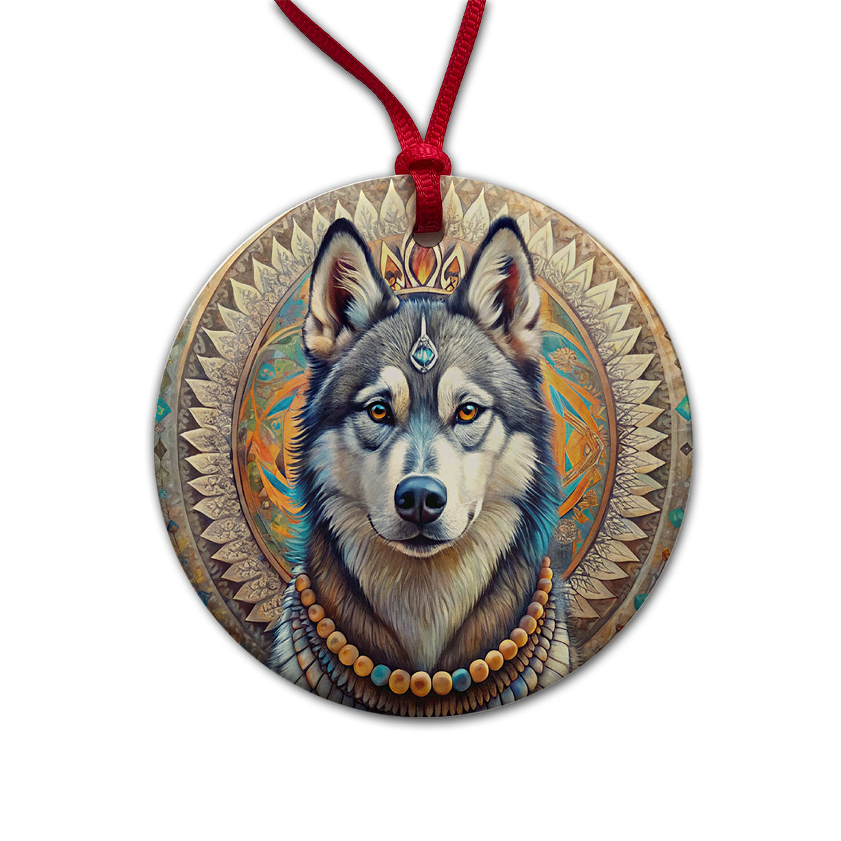 Siberian Husky Dog Bohemian Art Round Ceramic Holiday Christmas Tree Ornament